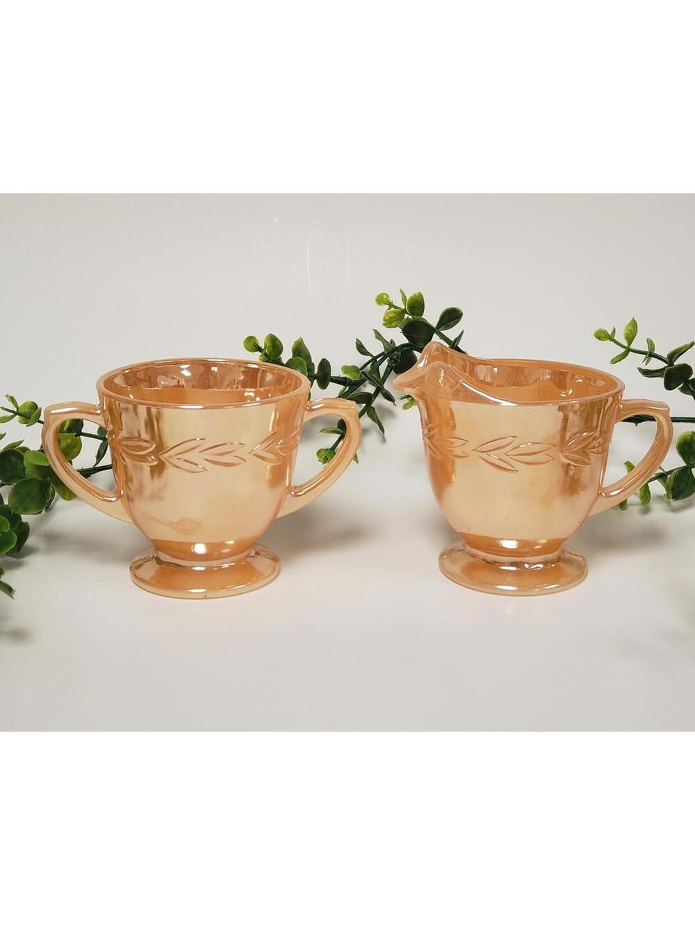 Anchor Hocking Fire-King Peach Lustre Laurel Creamer & Open Sugar Bowl Set, USA